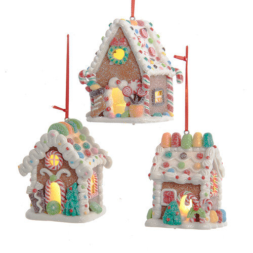 Battery Operated LED Gingerbread Candy House Ornaments, 3 Assorted