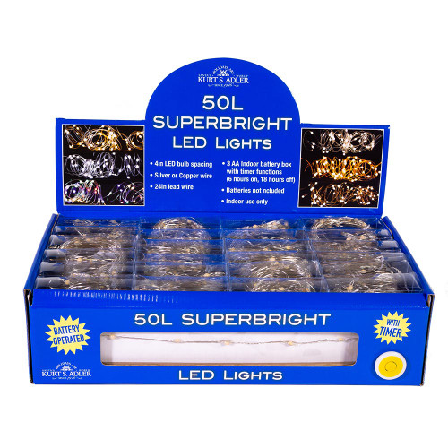 16.3' Battery Operated 50L Warm White Superbright LED Silver Wire Light Set In PDQ