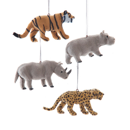 Tiger, Hippo, Rhino & Cheetah Jungle Animal Ornaments, 4 Assorted