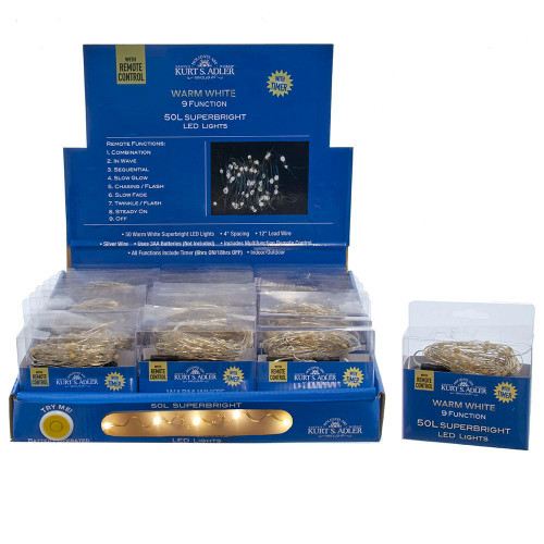 16.3' Battery Operated 50L Multifunction Warm White Superbright LED Silver Wire Light Set + Remote In PDQ