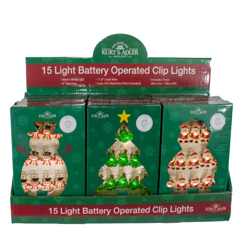 7' Battery Operated 15L Santa, Snowman & Christmas Tree Fairy Clip Lights In PDQ, 3 Assorted