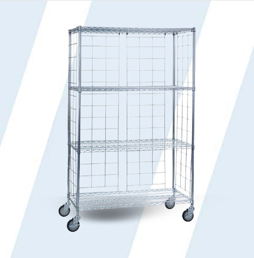 These sturdy chrome plated enclosure panels allow you to create a 3-sided cart for the 18 wide units. This kit includes 4 panels (13"W x 70"H).

Heavy duty panels hook on the top shelf and fit snugly through the bottom shelf
Assembles in minutes
Linen cart not included

Product Weight: 25 lbs