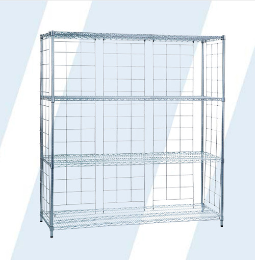 These sturdy chrome plated enclosure panels allow you to create a 3-sided cart for the 18x60 units. This kit includes 2 panels (13"W x 70"H) and 3 panels (18"W x 70"H), a total of 5 panels.

Heavy duty panels hook on the top shelf and fit snugly through the bottom shelf
Assembles in minutes
Linen cart not included

Product Weight: 25 lbs