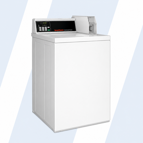 Angel view of Speed Queen SWNNC2SP115TW01 commercial top load washer rental with Quantum coin controls and stainless steel tub