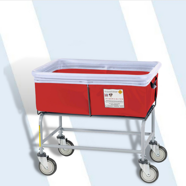 Protect your employees, customers and facility with this innovative new antimicrobial vinyl truck designed to combat microorganism growth. The antimicrobial top rim air cushion bumper provides 360 degree protection for walls, doors, and equipment.

Available in 3, 4 and 6 bushel sizes

Upgraded 3 bushel elevated vinyl basket truck with our patent pending non-marking air cushion bumper, designed to pay for itself by preventing expensive dents and dings to your doors, walls and equipment
Ships knocked-down for freight savings
18 oz vinyl liner is flame retardant (NFPA-701) and is mold, mildew, UV and tear resistant
Elevated base allows for ergonomic loading and unloading
Two handles for easy transportation
Powder coated steel tubular base and frame
Equipped with R&B's patented 5" Clean Wheel System™ casters

Dimensions: 31.5"L x 24"W x 12.5"D x 27.5"H

Product Weight: 33 lbs

Weight Capacity: 30 lbs

VINYL TRUCK COLOR OPTIONS
RED, NAVY, GRAY, YELLOW