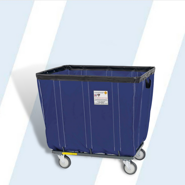 Protect your employees, customers and facility with this innovative new antimicrobial vinyl basket truck designed to combat microorganism growth. The antimicrobial top rim air cushion bumper provides 360 degree protection for walls, doors, and equipment.

Available in 6-20 bushel sizes

A vinyl basket truck with a complete soft air cushion bumper pays for itself in no time by reducing damage to walls and equipment
Antimicrobial 18 oz vinyl liner is flame retardant (NFPA-701) and is mold, mildew, UV and tear resistant
Ships fully assembled and ready to use
Nests for easy shipping and storage
Smooth finish for easy cleaning
Fully sewn to framework (not just riveted) provides longer life
Powder coated gray steel tubular base and frame - the only truck made with all-welded, square, heavy gauge steel tubular base
Comes standard with our patented 5" Clean Wheel System™ casters
Upgrade to 6" casters at an additional cost. Semi and fully pneumatic available by calling
Bumper is not flame retardant

Dimensions: 43"L x 31.75"W x 37.5"H - Height is based on 5" Casters

Product Weight: 58 lbs

Recommended Weight Capacity: 500 lbs

Total Caster Rating: 800 lbs

VINYL TRUCK COLOR OPTIONS
RED, NAVY, GRAY, YELLOW