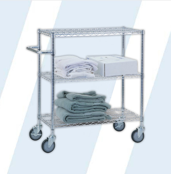 These chrome all-purpose Utility Carts are as durable as they are practical and are equipped with three sturdy wire shelves. The open wire construction allows air circulation and reduces dust and dirt build up.

Includes an adjustable 24" handle
All sizes roll on our quality 5" casters - two locking
Shelves are adjustable in 1" increments to suit all of your storage needs
NSF approved

Weight capacity 250 lbs per shelf

Dimensions: 24" L x 36" W x 42" H

Casters: 5" - Two Locking

Product Weight: 55 lbs