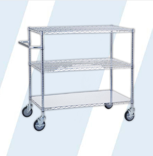 These chrome all-purpose Utility Carts are as durable as they are practical and are equipped with three sturdy wire shelves. The open wire construction allows air circulation and reduces dust and dirt build up.

Solid bottom shelf meets Title 22 - protecting clean linen from contamination during transportation
Includes an adjustable 18" handle
Shelves are adjustable in 1" increments to suit all of your storage needs
NSF approved

Weight capacity 250 lbs per shelf

Dimensions: 36"L x 18"W x 42"H

Casters: 5" - Two Locking

Product Weight: 57 lbs