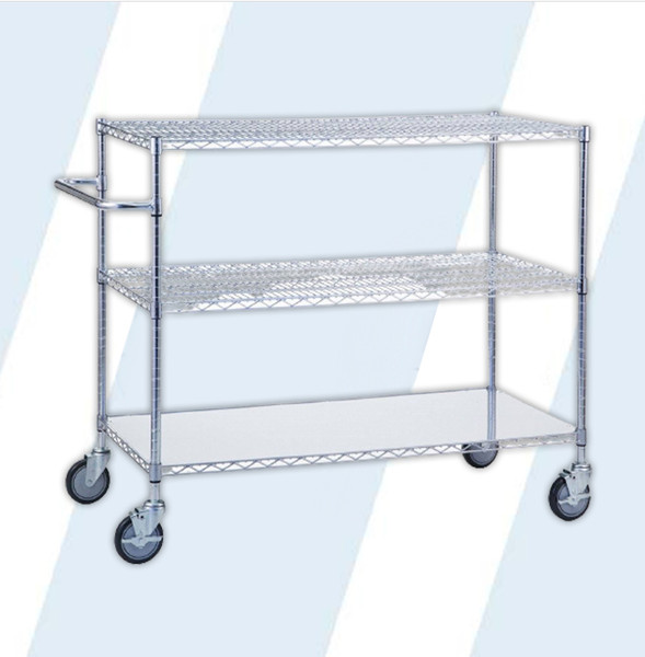 These chrome all purpose Utility Carts are as durable as they are practical and are equipped with two sturdy wire shelves and one solid bottom shelf built for outstanding support.

Solid bottom shelf meets Title 22 - protecting clean linen from contamination during transportation
Includes an adjustable 24" handle
Shelves are adjustable in 1" increments to suit all of your storage needs
NSF approved

Weight capacity 250 lbs per shelf

Dimensions: 48"L x 24"W x 42"H

Casters: 5" - Two Locking

Product Weight: 85 lbs