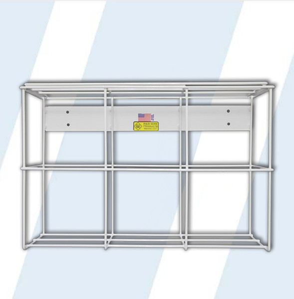 This chemical bottle holder will accommodate three standard one gallon bottles and is equipped with a lockable lid.

Made from sturdy seven gauge wire and comes with lockable lids (locks not included)
Powder coated in a tough white finish that cleans easily
Plastic wall anchors and mounting screws are included

Dimensions: 19.5"L x 7"W x 13"H
Product Weight: 2 lbs