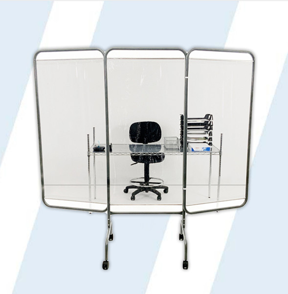 This product is designed to provide a physical barrier to help stop the spread of airborne pathogens while still maintaining visibility.

Sturdy three panel hinged design provides for easy storage and quick deployment
Entire steel frame is coated with antimicrobial gray powder coating, designed to inhibit the growth of microbes
Additional stabilization provided by wide stance legs and four 2" (two locking) twin wheel casters for easy maneuverability
Clear panels are antimicrobial and flame retardant for additional protection
Proudly made in USA

Overall dimensions (fully opened) 81"L x 69"H

Single panel size: 27"W x 55"H

Floor to screen bottom: 17.5"

Casters: 2" twin wheels

Product Weight: 30 lbs