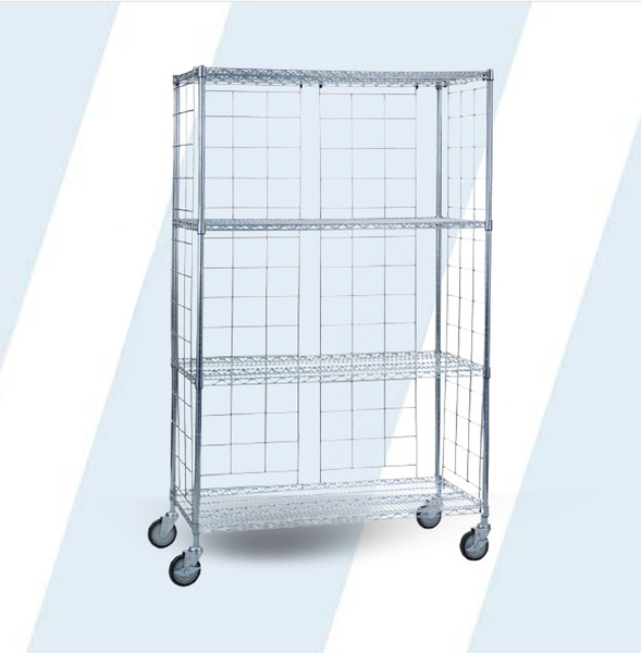 These sturdy chrome plated enclosure panels allow you to create a 3-sided cart for the 18x48 units. This kit includes 2 panels (13"W x 70"W) and 2 panels (18"W x 70"H), total of 4 panels.

Heavy duty panels hook on the top shelf and fit snugly through the bottom shelf
Assembles in minutes
Linen cart not included

Product Weight: 25 lbs