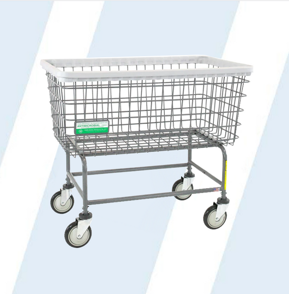 Our wire laundry carts have been the standard of the industry for over 70 years. They are used in the majority of America's coin laundries as well as on-premise and commercial laundries. They are used internationally in over 20 countries and are built for years of trouble free service.

The largest wire cart we make. So big, in fact, we call it "The Big Dog"
Our Mega Capacity Laundry Cart with an Antimicrobial finish
Antimicrobial finish inhibits the growth of bacteria and fungi
Bases are built with fully welded 7/8" heavy steel tubing and are guaranteed for life against breakage
Features our patented 5" Clean Wheel System™ casters with non-marking polyurethane tires. They reduce debris pick up in hubs. The ball bearing design gives years of service
New bearing raceway guards shield top caster bearings from dirt and chemicals
New larger, softer non-marking bumpers help protect equipment and walls from damage

Dimensions: 36.5"L x 23"W x 16"D x 32.5"H
Product Weight: 40 lbs
Bushel Capacity: 6.00

ANTIMICROBIAL BASKET COLOR OPTIONS
ANTIMICROBIAL GRAY

ANTIMICROBIAL BASE/RACK COLOR OPTIONS
ANTIMICROBIAL GRAY