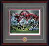 "The Blowout - Collegiate Classic print.  Mahogany frame • Charcoal Suede/Crimson matting with optional v-groove.
