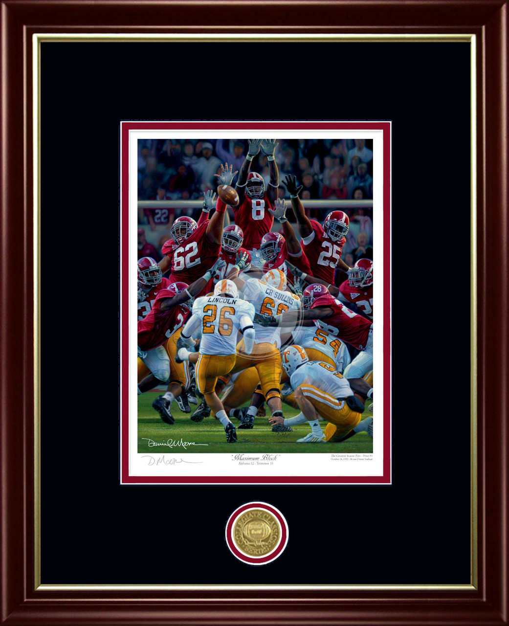 "Maximum Block" - Collegiate Classic print.  Mahogany Gold Lip frame • Black/Crimson matting .