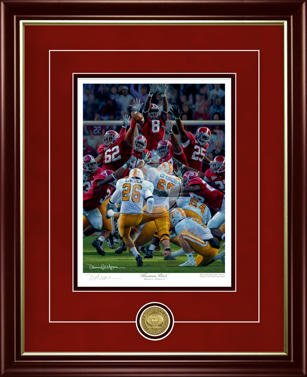 "Maximum Block" - Collegiate Classic print.  Mahogany/Gold Lip frame • Crimson Suede/Black matting with optional v-groove.