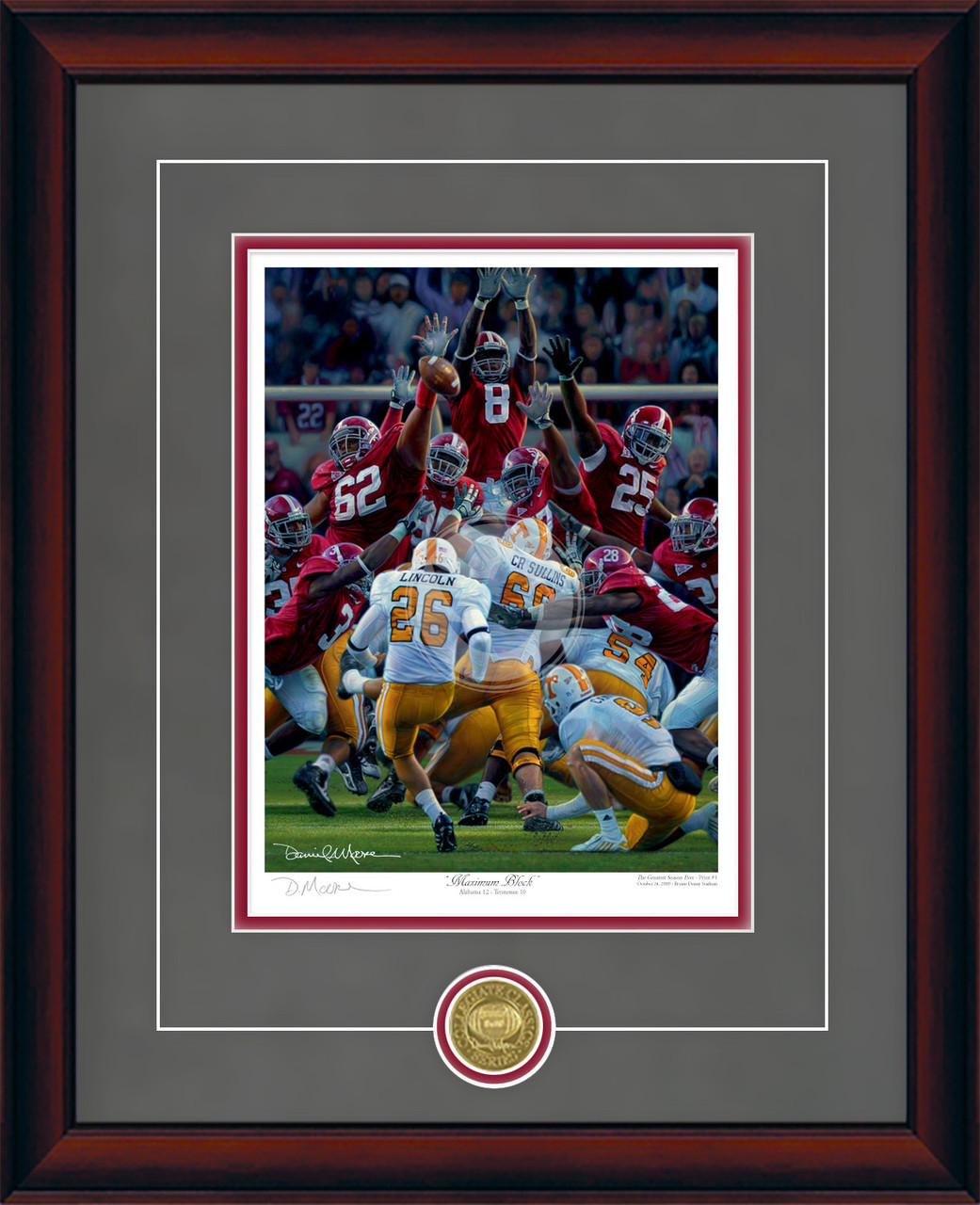 "Maximum Block" - Collegiate Classic print.  Mahogany frame • Charcoal Suede/Crimson matting with optional v-groove.