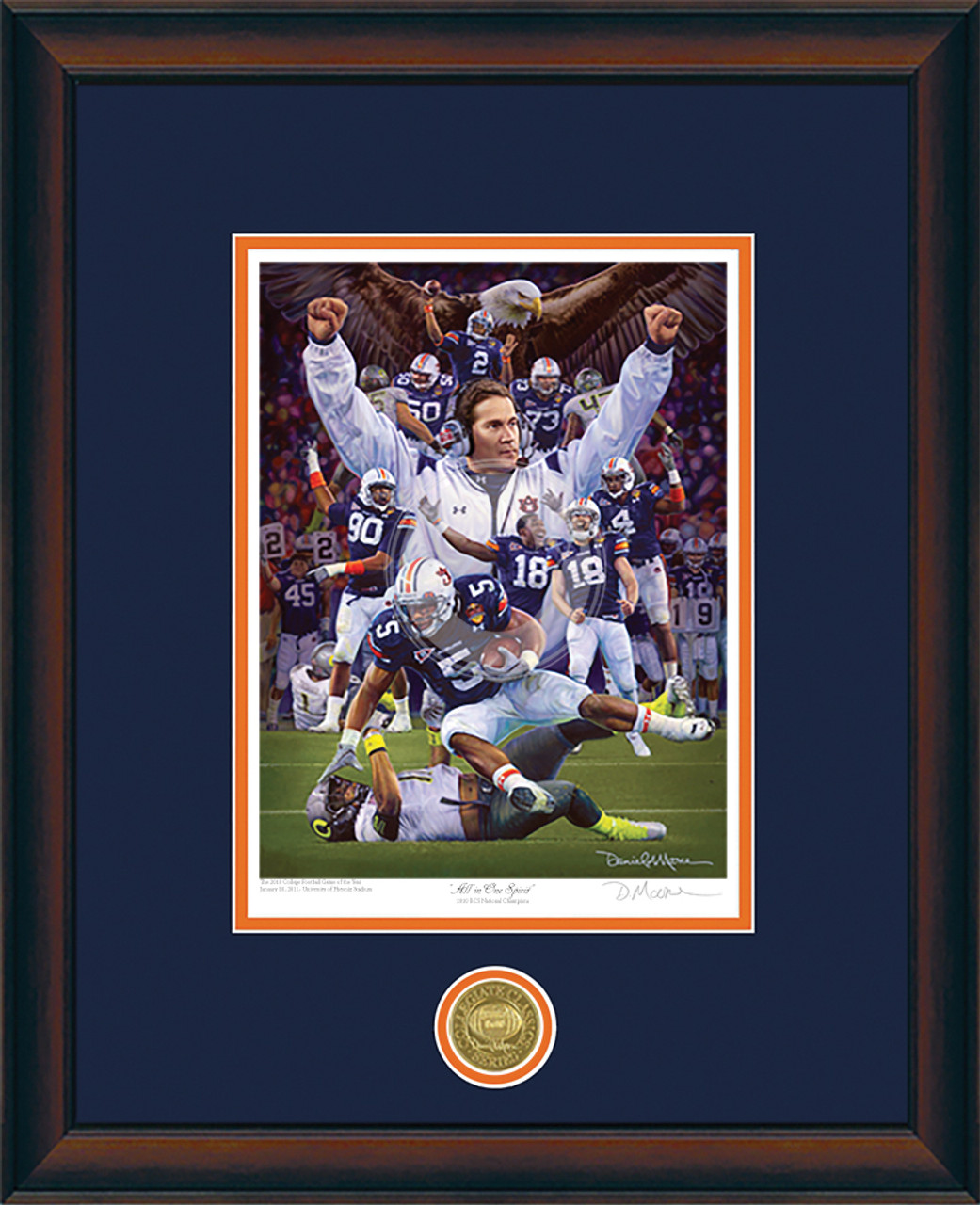 "All In One Spirit" - Collegiate Classic print.  Walnut frame • Navy/Orange matting. "All In One Spirit" - Collegiate Classic print.  Walnut frame • Navy/Orange matting.