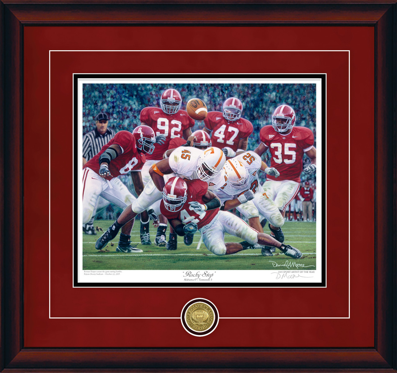 "Rocky Stop"  Collegiate Classic print.  Mahogany frame • Crimson Suede/Black matting with optional v-groove.