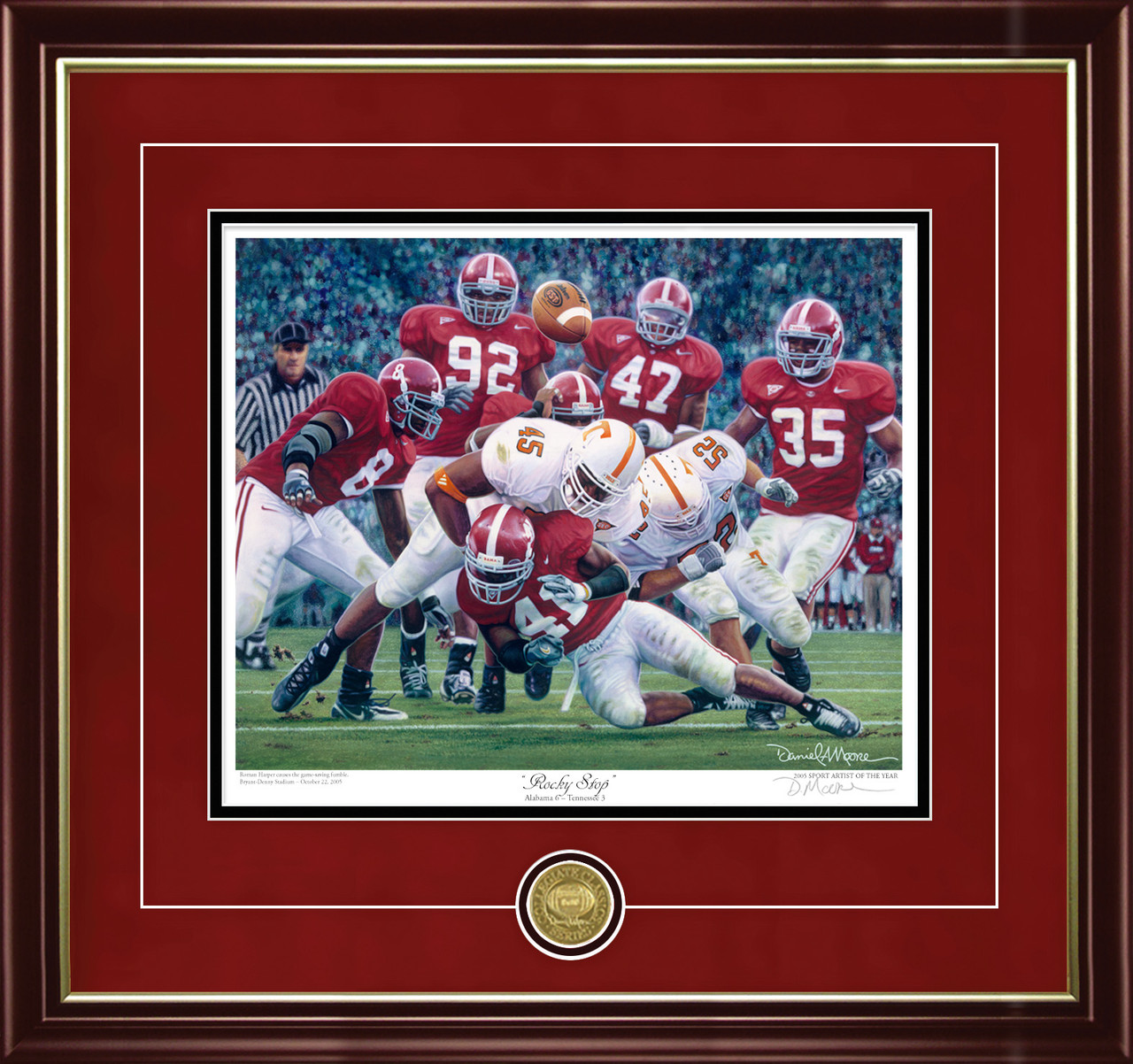 "Rocky Stop"  Collegiate Classic print.  Mahogany/Gold Lip frame • Crimson Suede/Black matting with optional v-groove.