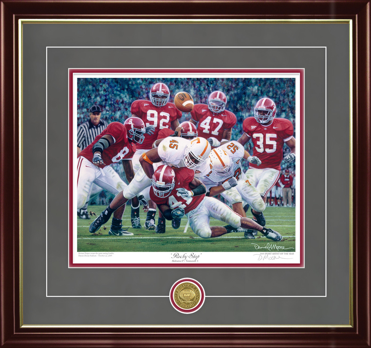 "Rocky Stop"  Collegiate Classic print.  Mahogany/Gold Lip frame • Charcoal Suede/Crimson matting with optional v-groove.