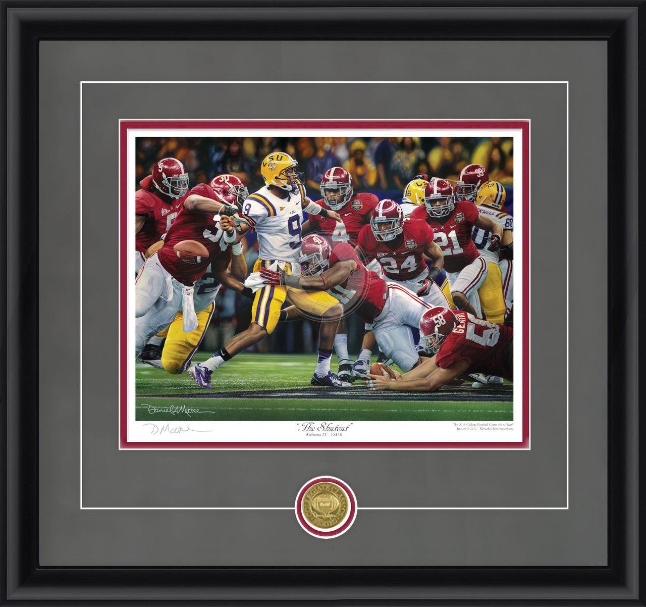 "The Shutout"  Collegiate Classic print.  Black frame • Charcoal Suede/Crimson matting with optional v-groove.