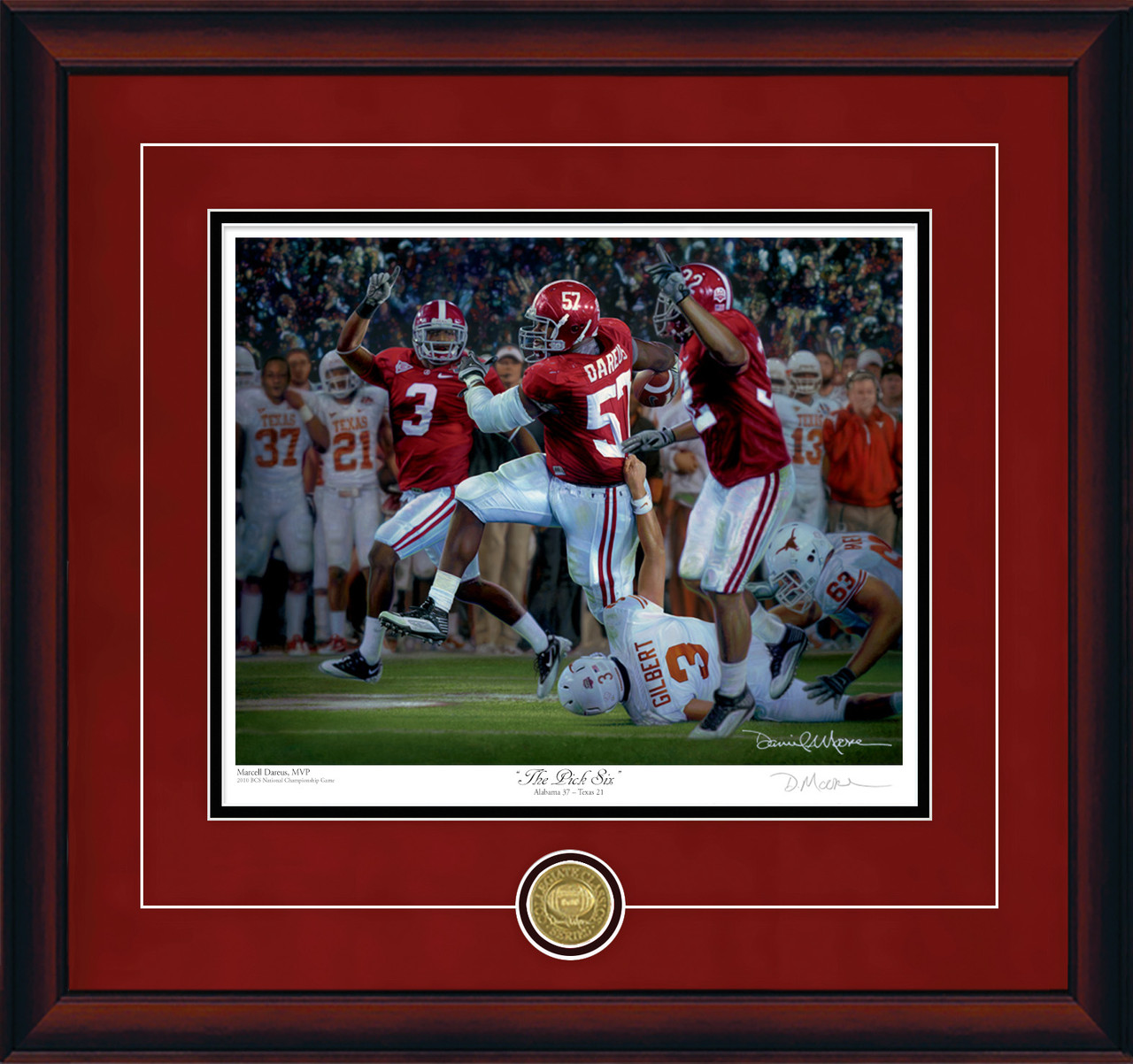 "The Pick Six"  Collegiate Classic print.  Mahogany frame • Crimson Suede/Black matting with optional v-groove.