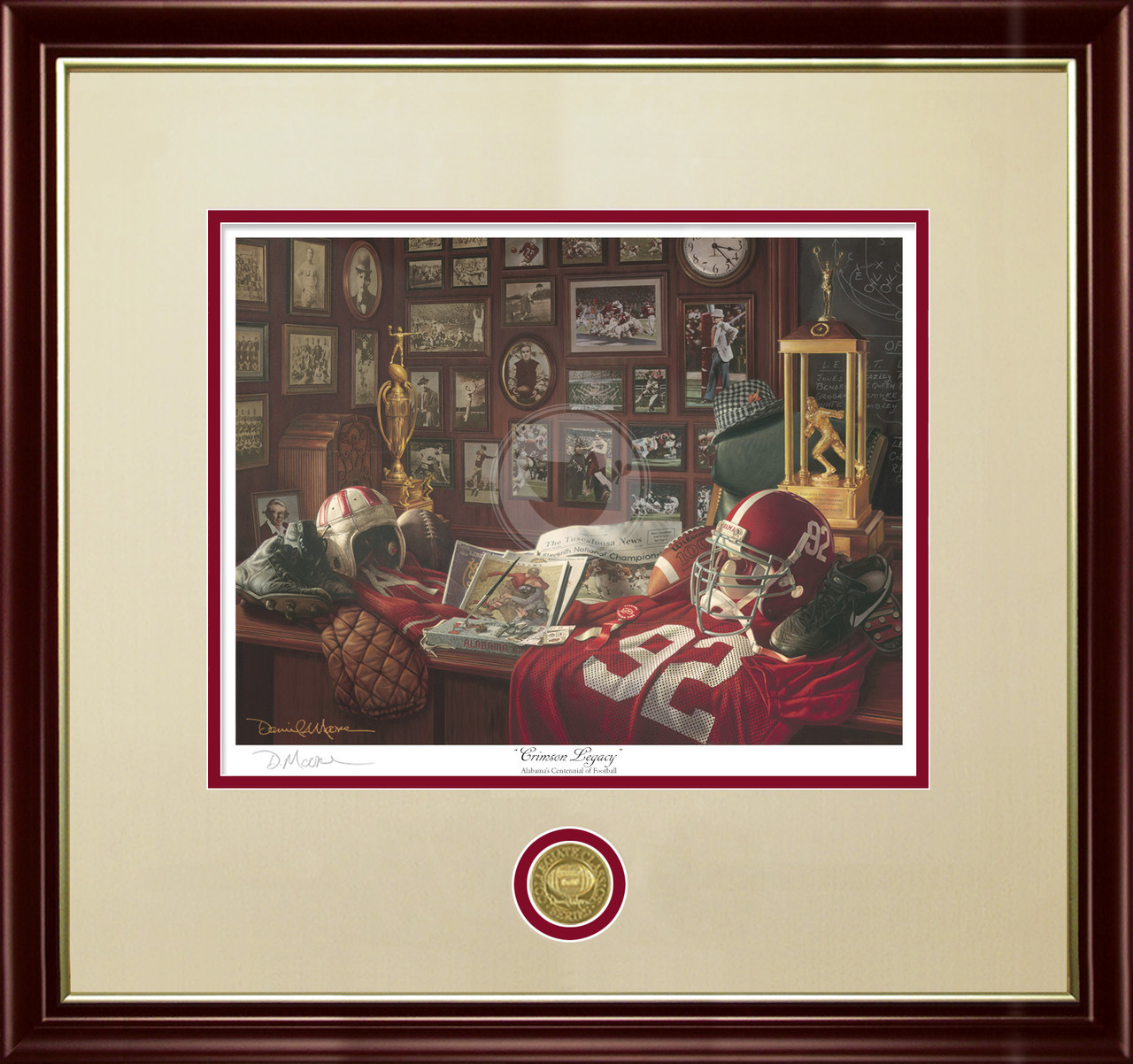 "Crimson Legacy" - Collegiate Classic print.  Mahogany/Gold Lip frame • Oyster/Crimson matting.