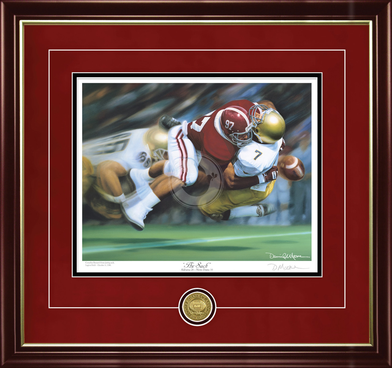 "The Sack"  Collegiate Classic print.  Mahogany/Gold Lip frame • Crimson Suede/Black matting with optional v-groove.