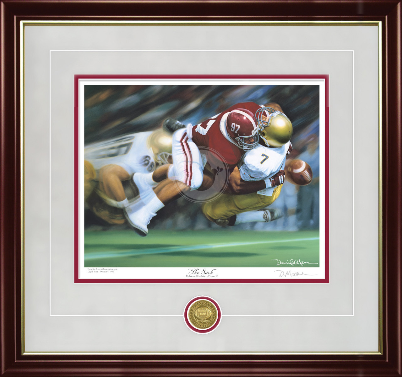 "The Sack"  Collegiate Classic print.  Mahogany/Gold Lip frame • Storm Suede/Crimson matting with optional v-groove.