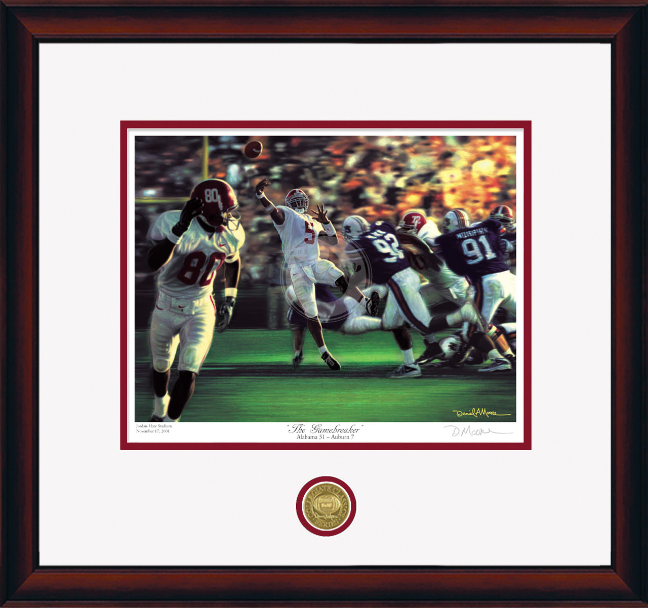 "The Gamebreaker" - Collegiate Classic print.  Mahogany frame • White/Crimson matting. "The Gamebreaker" - Collegiate Classic print.  Mahogany frame • White/Crimson matting.