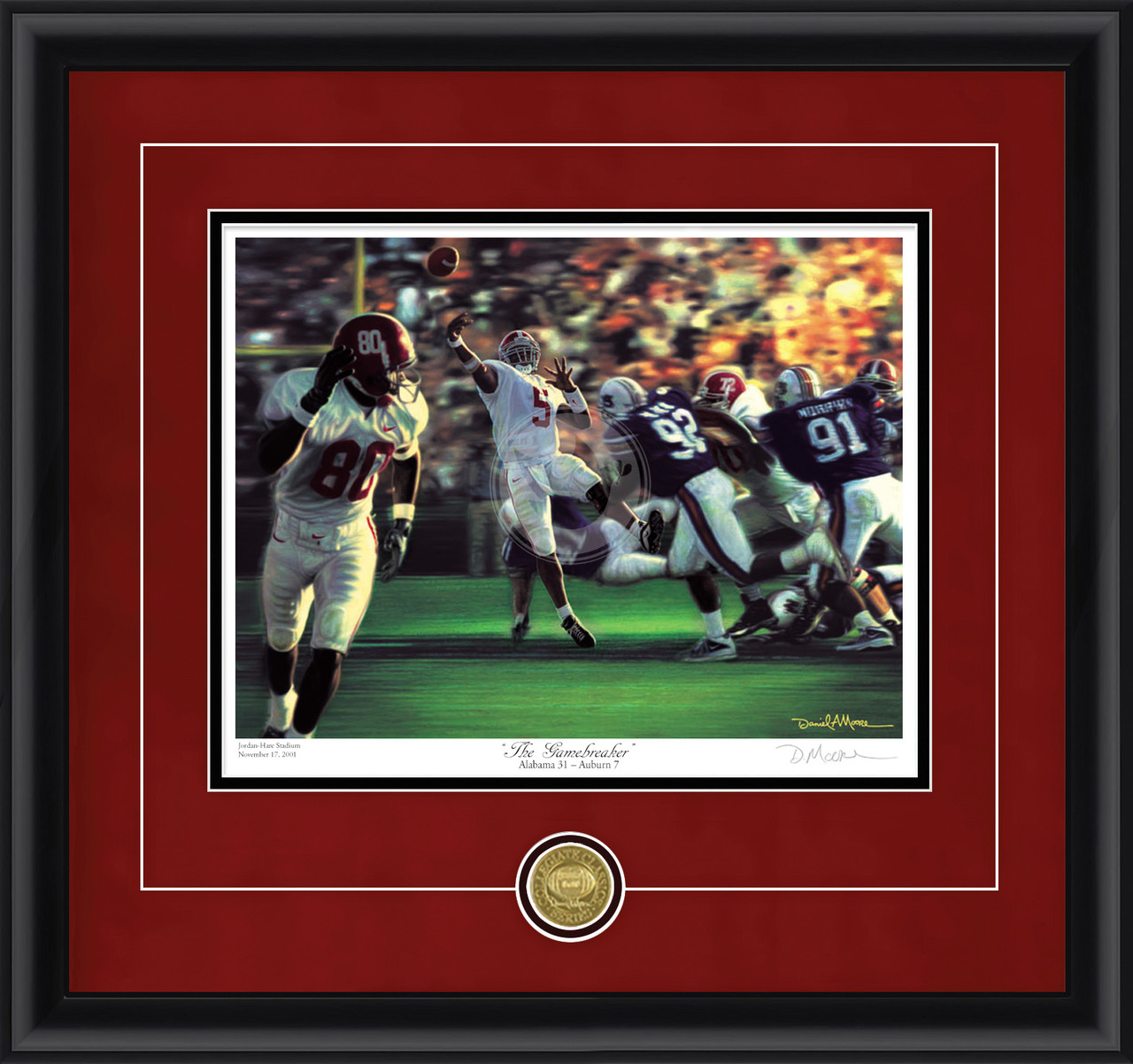 "The Gamebreaker" - Collegiate Classic print.  Black frame • Crimson Suede/Black matting with optional v-groove. "The Gamebreaker" - Collegiate Classic print.  Black frame • Crimson Suede/Black matting with optional v-groove.