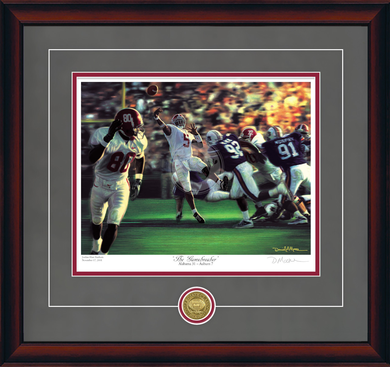 "The Gamebreaker" - Collegiate Classic print.  Mahogany frame • Charcoal Suede/Crimson matting with optional v-groove. "The Gamebreaker" - Collegiate Classic print.  Mahogany frame • Charcoal Suede/Crimson matting with optional v-groove.