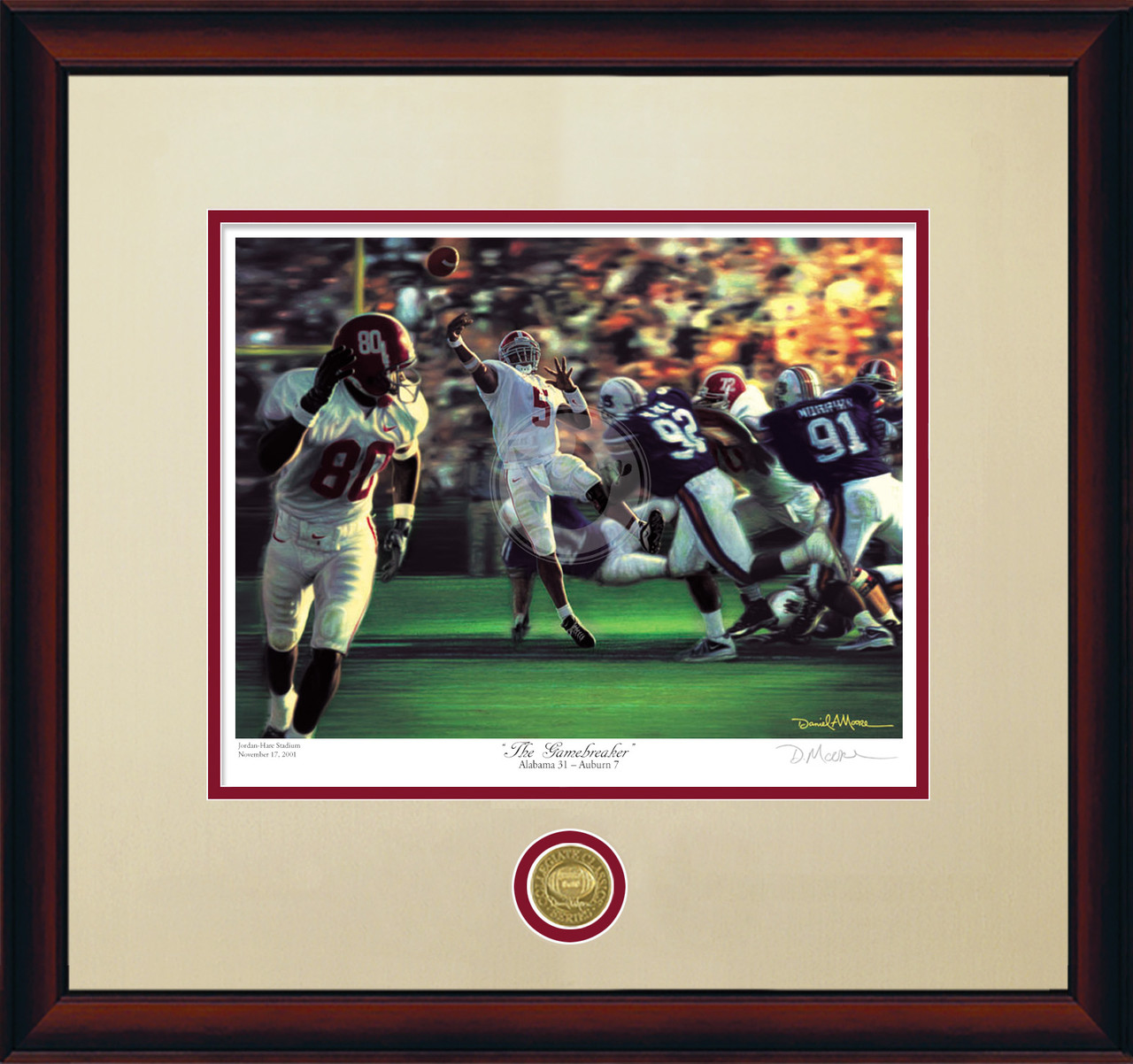 "The Gamebreaker" - Collegiate Classic print.  Mahogany frame • Oyster/Crimson matting. "The Gamebreaker" - Collegiate Classic print.  Mahogany frame • Oyster/Crimson matting.