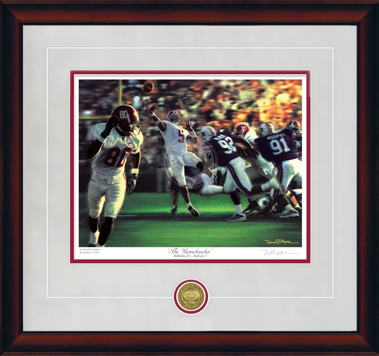 "The Gamebreaker" - Collegiate Classic print.  Mahogany frame • Storm Suede/Crimson matting with optional v-groove. "The Gamebreaker" - Collegiate Classic print.  Mahogany frame • Storm Suede/Crimson matting with optional v-groove.