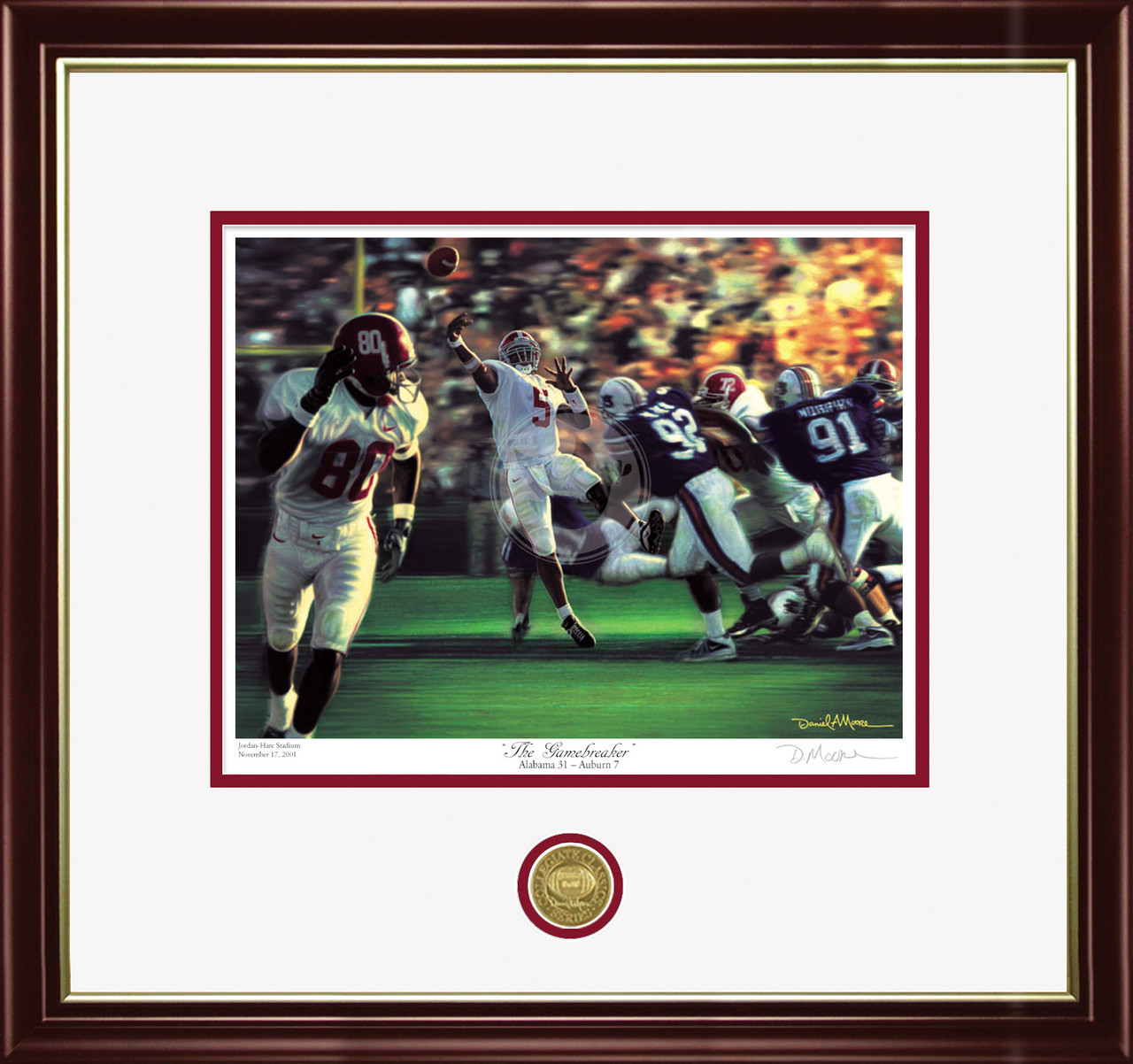"The Gamebreaker" - Collegiate Classic print.  Mahogany/Gold Lip frame • White/Crimson matting. "The Gamebreaker" - Collegiate Classic print.  Mahogany/Gold Lip frame • White/Crimson matting.