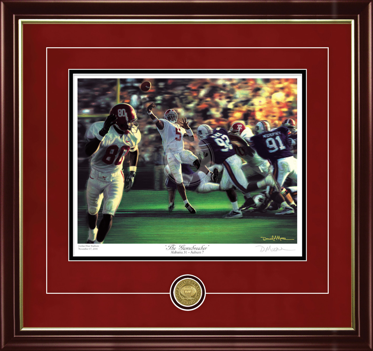 "The Gamebreaker" - Collegiate Classic print.  Mahogany/Gold Lip frame • Crimson Suede/Black matting with optional v-groove. "The Gamebreaker" - Collegiate Classic print.  Mahogany/Gold Lip frame • Crimson Suede/Black matting with optional v-groove.