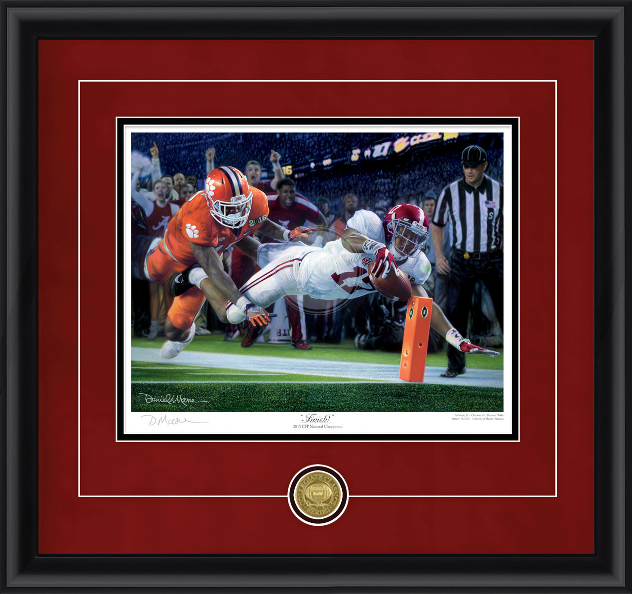 "Finish!" - Collegiate Classic print.  Black frame • Crimson Suede/Black matting with optional v-groove. "Finish!" - Collegiate Classic print.  Black frame • Crimson Suede/Black matting with optional v-groove.