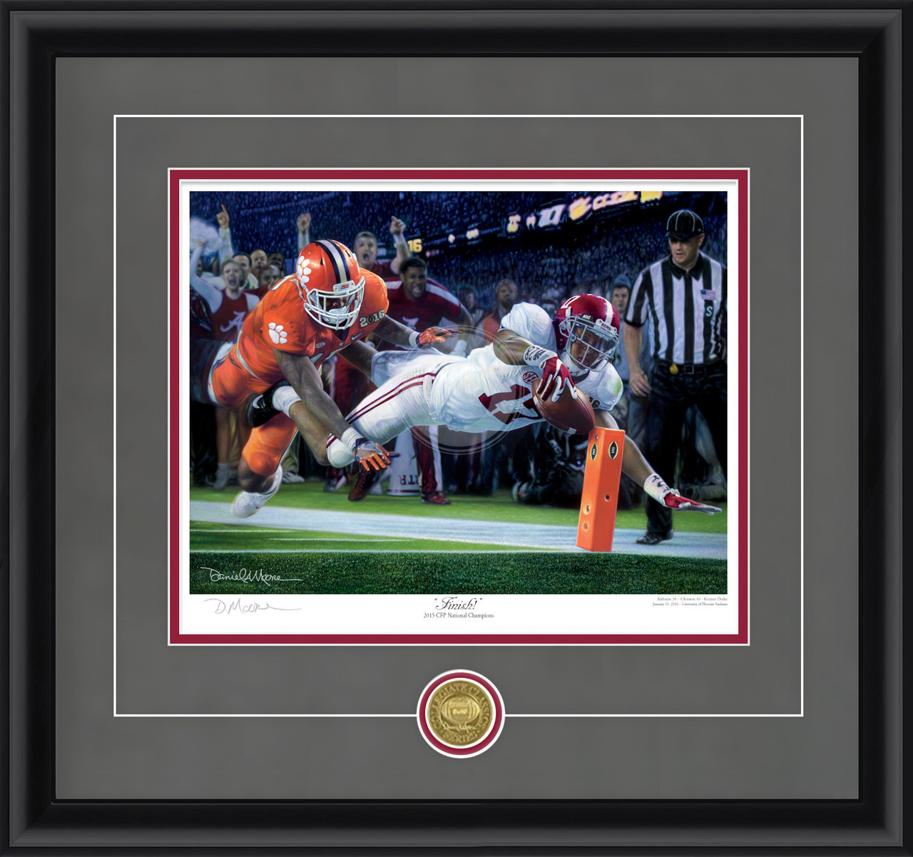 "Finish!" - Collegiate Classic print.  Black frame • Charcoal Suede/Crimson matting with optional v-groove. "Finish!" - Collegiate Classic print.  Black frame • Charcoal Suede/Crimson matting with optional v-groove.
