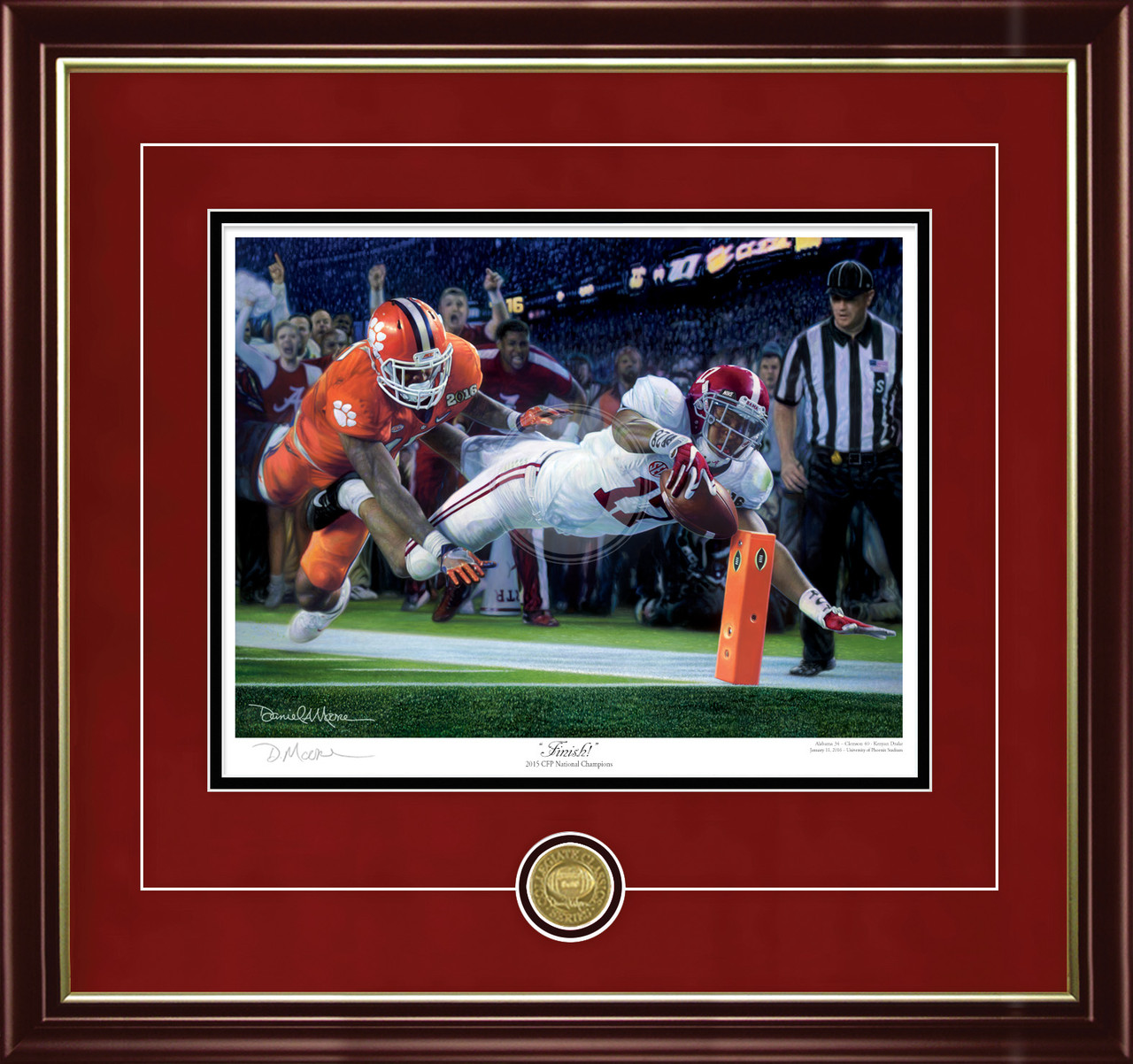 "Finish!" - Collegiate Classic print.  Mahogany/Gold Lip frame • Crimson Suede/Black matting with optional v-groove. "Finish!" - Collegiate Classic print.  Mahogany/Gold Lip frame • Crimson Suede/Black matting with optional v-groove.