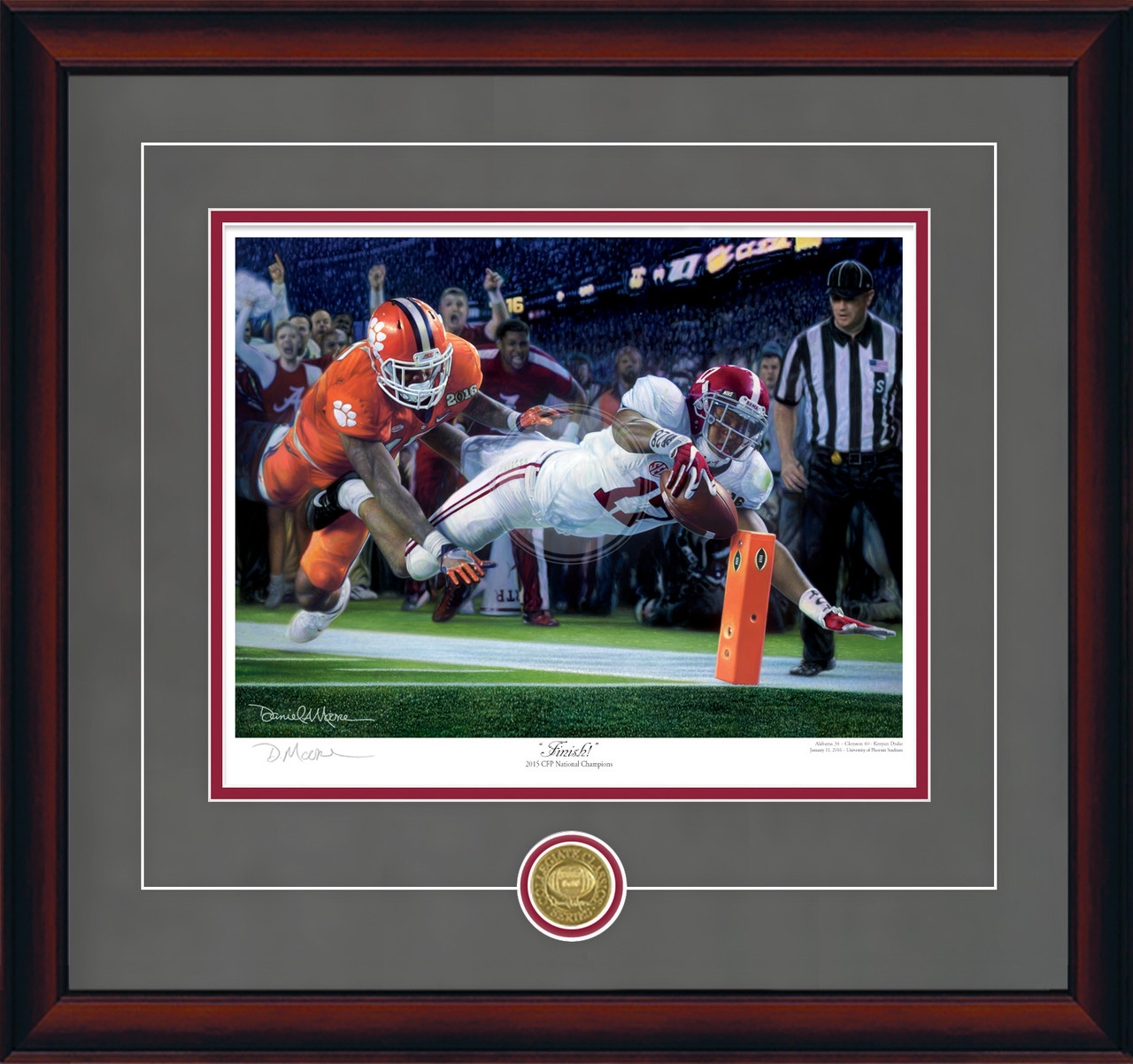 "Finish!" - Collegiate Classic print.  Mahogany frame • Charcoal Suede/Crimson matting with optional v-groove. "Finish!" - Collegiate Classic print.  Mahogany frame • Charcoal Suede/Crimson matting with optional v-groove.