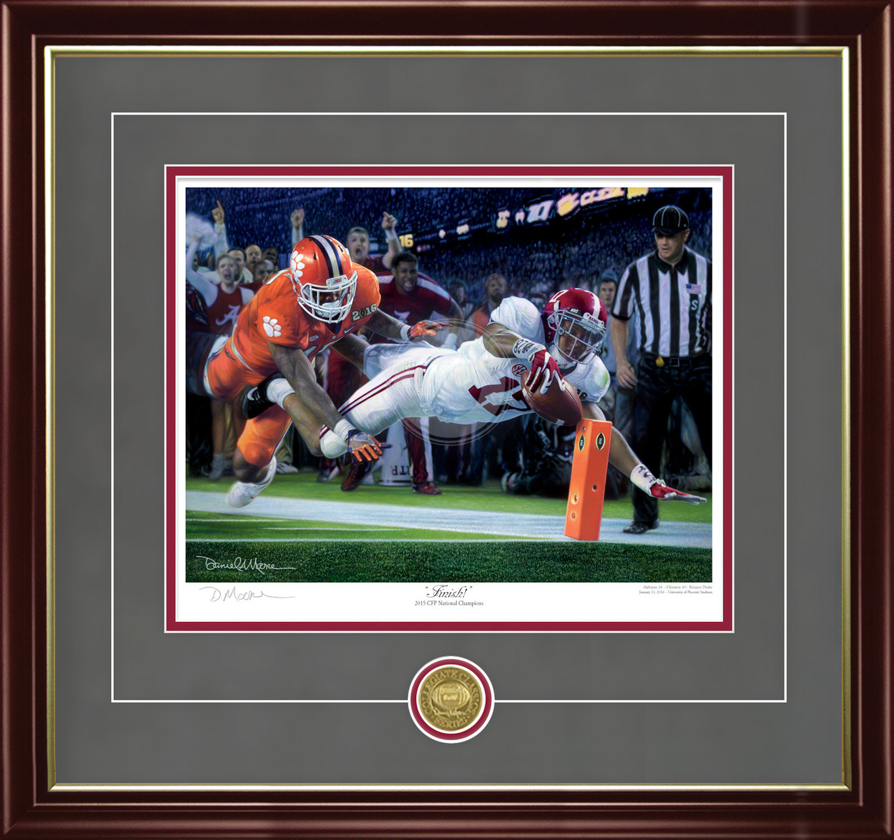 "Finish!" - Collegiate Classic print.  Mahogany/Gold LIp frame • Charcoal Suede/Crimson matting with optional v-groove. "Finish!" - Collegiate Classic print.  Mahogany/Gold LIp frame • Charcoal Suede/Crimson matting with optional v-groove.