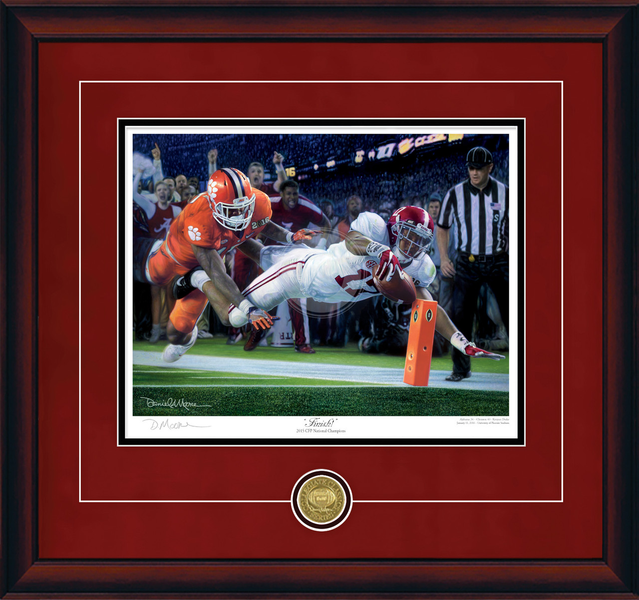 "Finish!" - Collegiate Classic print.  Mahogany frame • Crimson Suede/Black matting with optional v-groove. "Finish!" - Collegiate Classic print.  Mahogany frame • Crimson Suede/Black matting with optional v-groove.