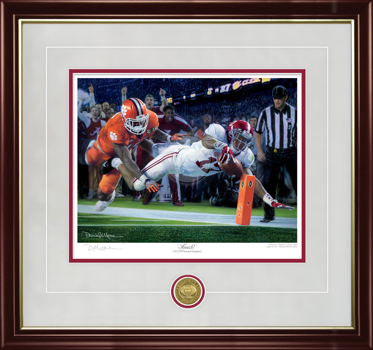 "Finish!" - Collegiate Classic print.  Mahogany/Gold Lip frame • Storm Suede/Crimson matting with optional v-groove. "Finish!" - Collegiate Classic print.  Mahogany/Gold Lip frame • Storm Suede/Crimson matting with optional v-groove.
