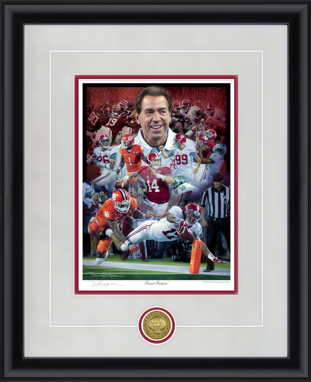 "Sweet Sixteen" - Collegiate Classic print.  Black frame • Storm Suede/Crimson matting with optional v-groove.