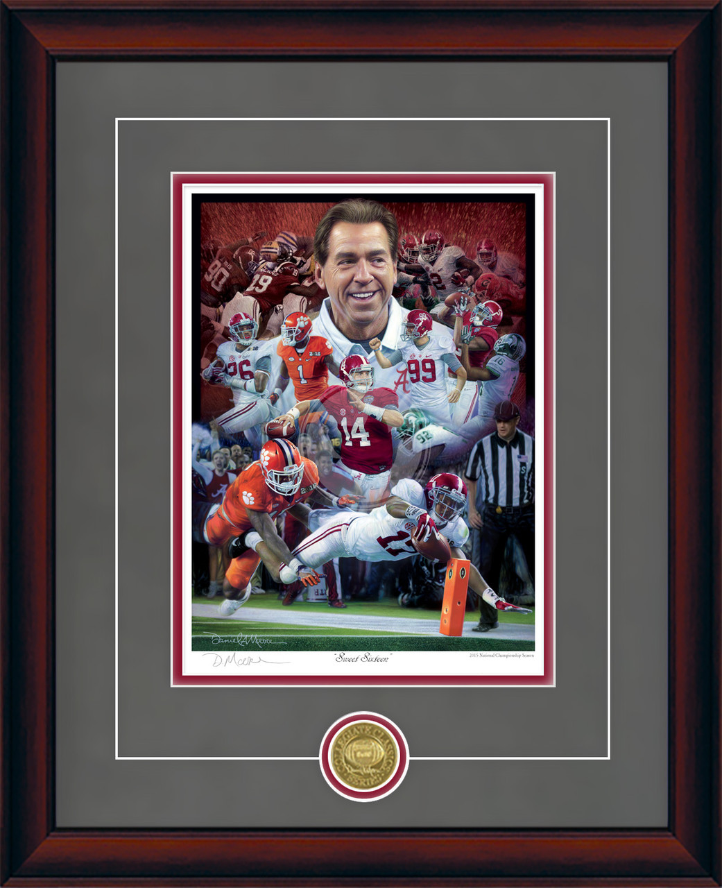 "Sweet Sixteen" - Collegiate Classic print.  Mahogany frame • Charcoal Suede/Crimson matting with optional v-groove.