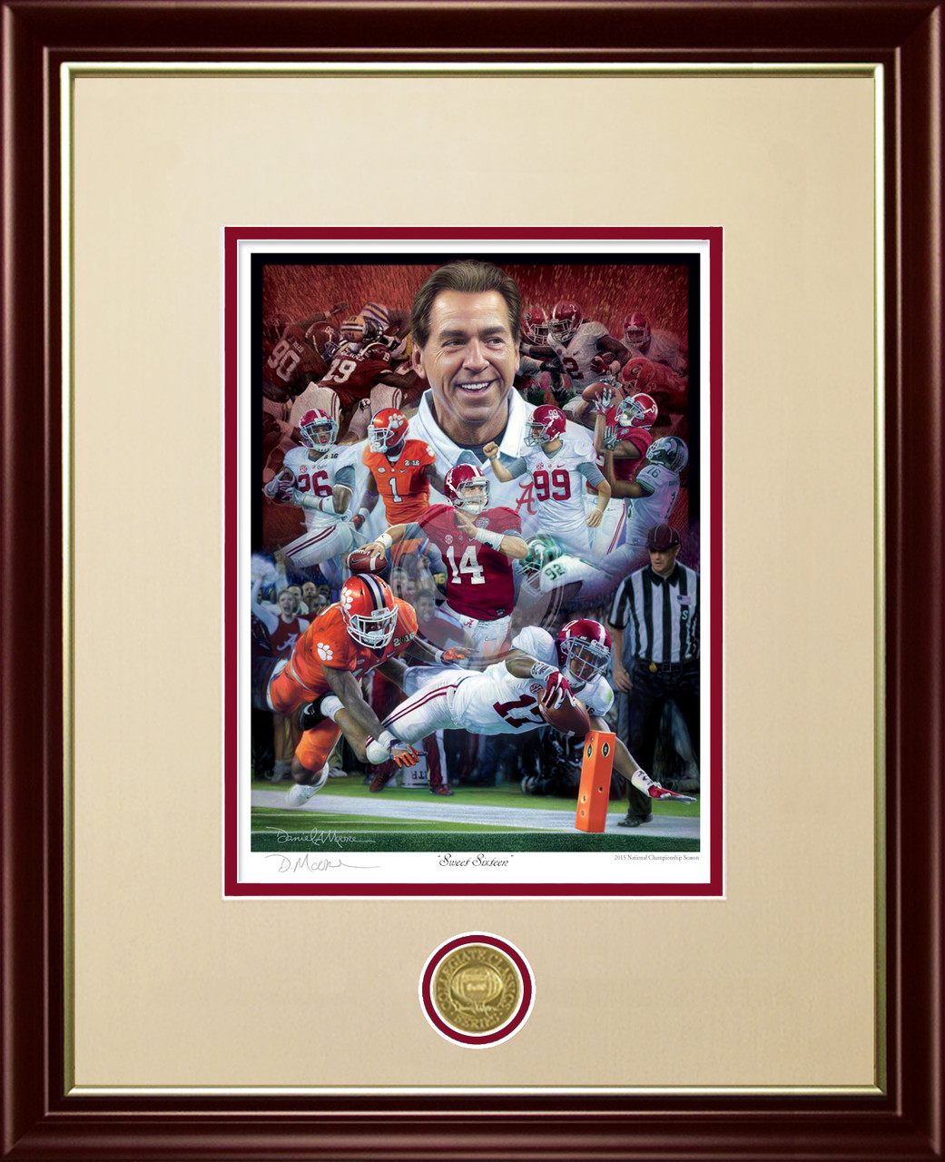 "Sweet Sixteen" - Collegiate Classic print.  Mahogany/Gold Lip frame • Oyster/Crimson matting.