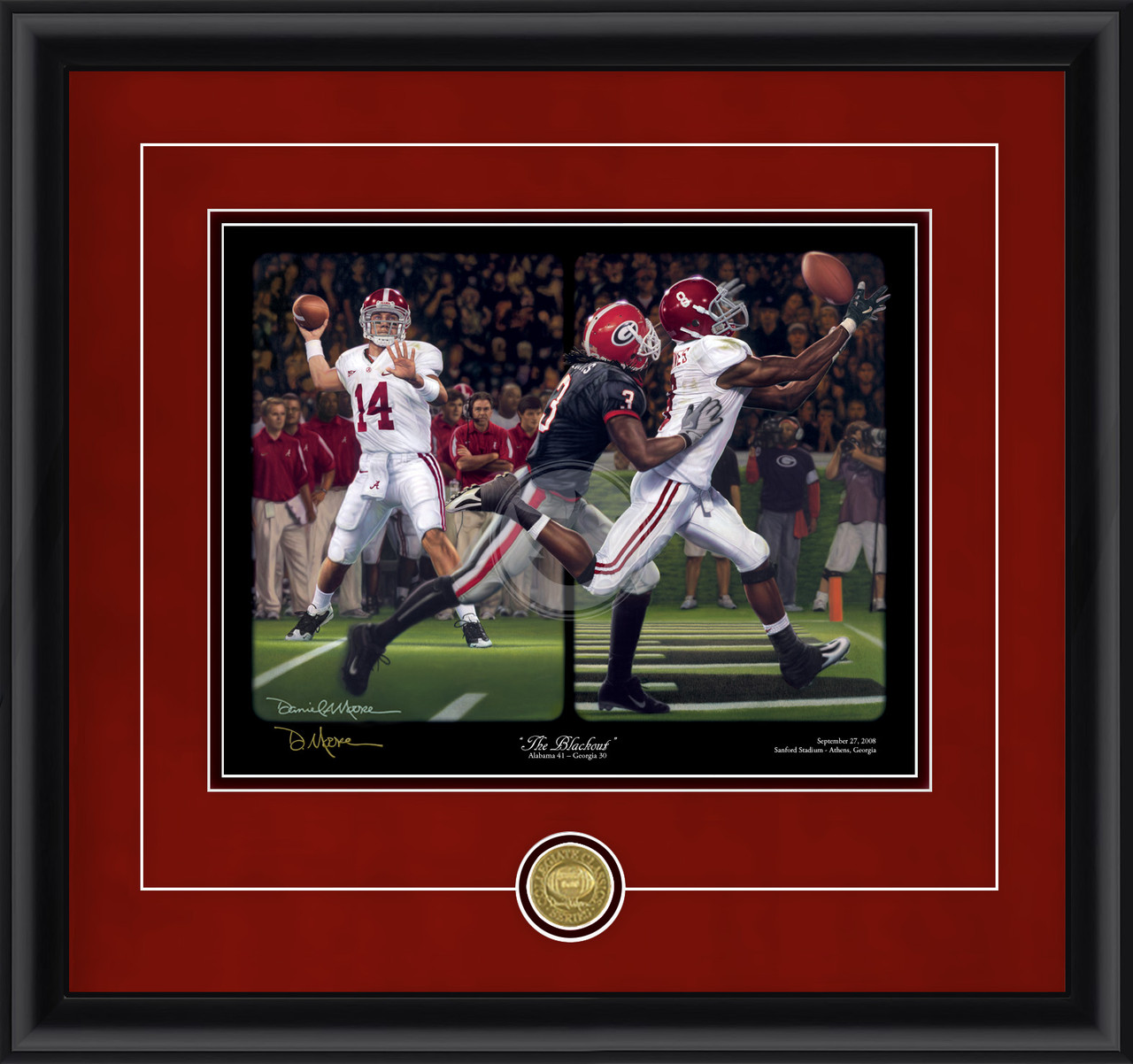 "The Blackout - Collegiate Classic print.  Black frame • Crimson Suede/Black matting with optional v-groove.