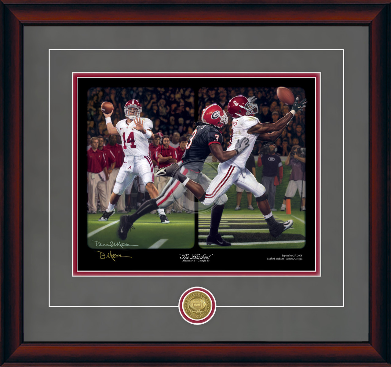 "The Blackout - Collegiate Classic print.  Mahogany frame • Storm Suede/Crimson matting with optional v-groove.