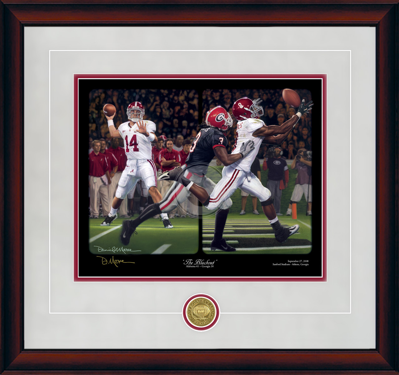 "The Blackout - Collegiate Classic print.  Mahogany frame • Storm Suede/Crimson matting with optional v-groove.